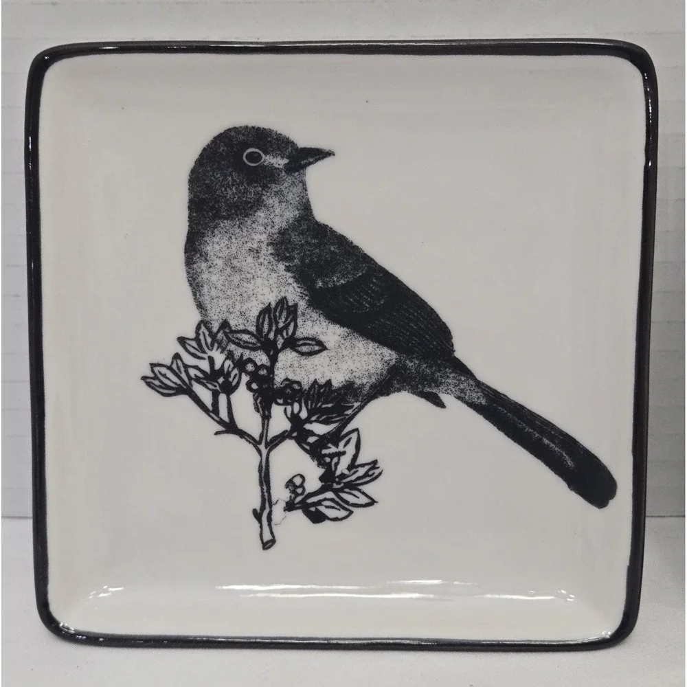 Grace and Belle Square Jewelry Ring Dish Set Black/White Ceramic Bird/Butterfly